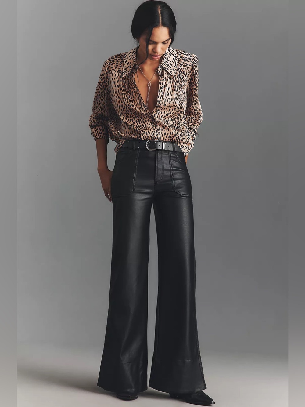 NWT Anthropologie Pilcro Rylan Faux Leather Flare Wide Leg Pants Black Size 31
